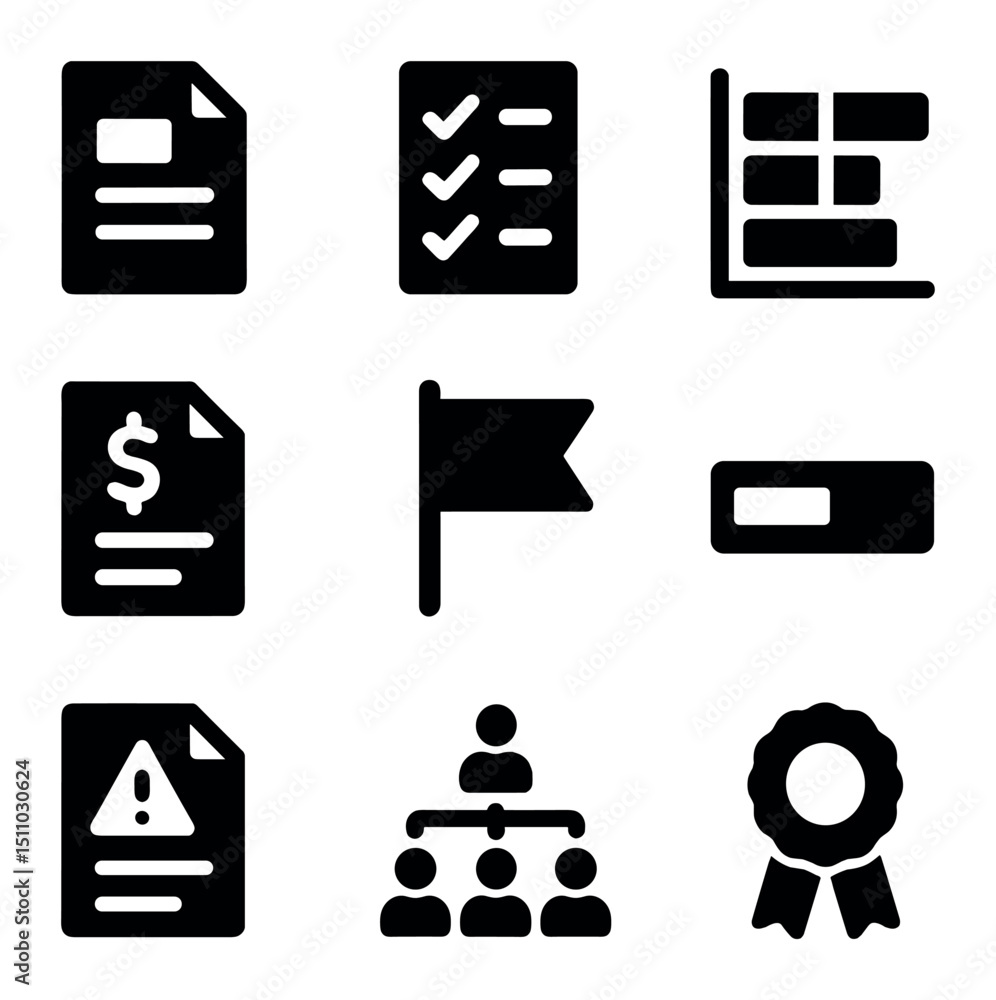 Poster project management icons. solid, filled icon set of project management stages: project charter, task