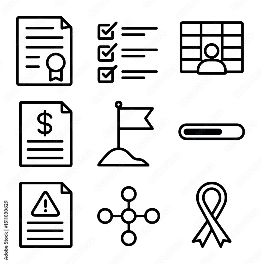 Poster project management icons. outline icon set of project management stages: project charter, task list,