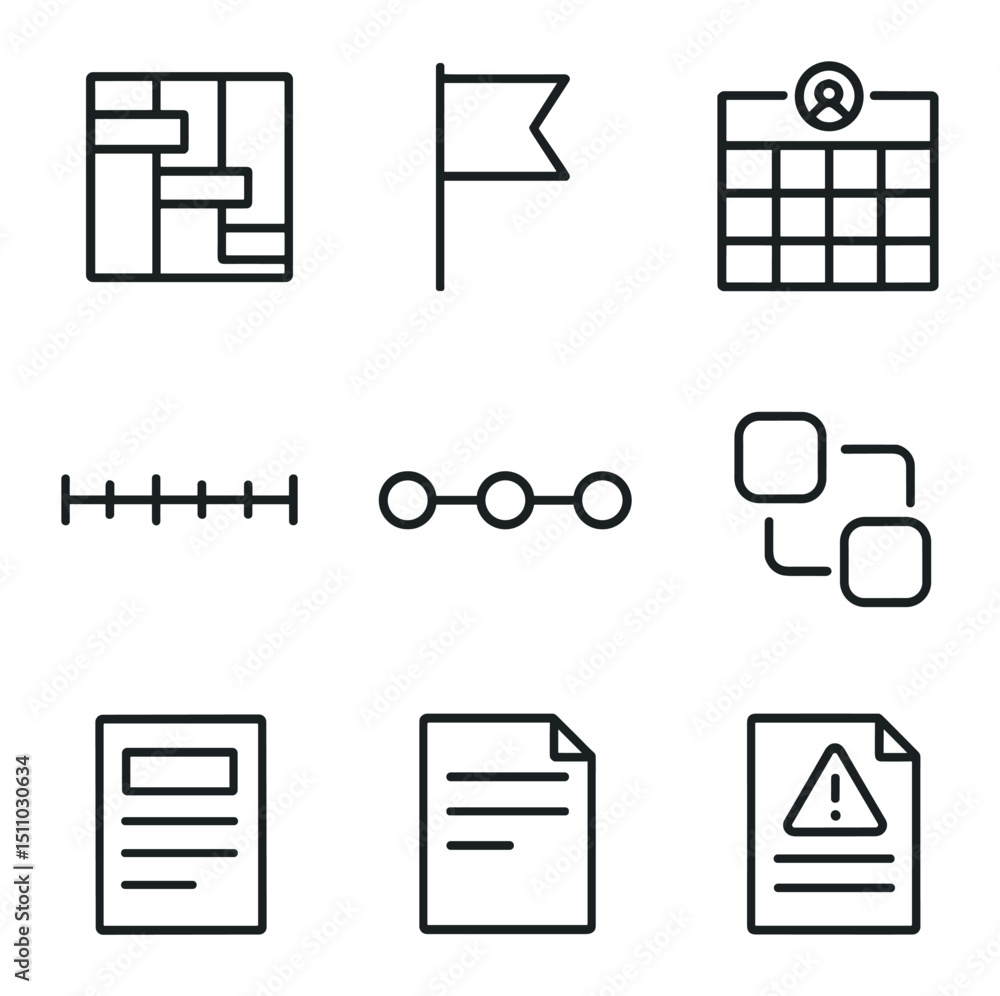 Poster project planning icons. outline icon set of project planning software: gantt chart, milestone flag, 