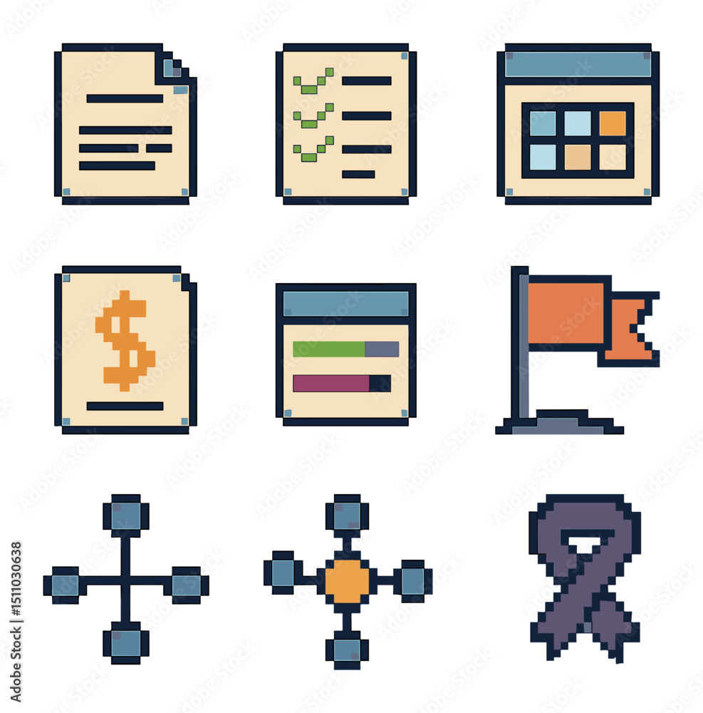 Poster project management icons. pixel art icon set of project management stages: project charter, task lis