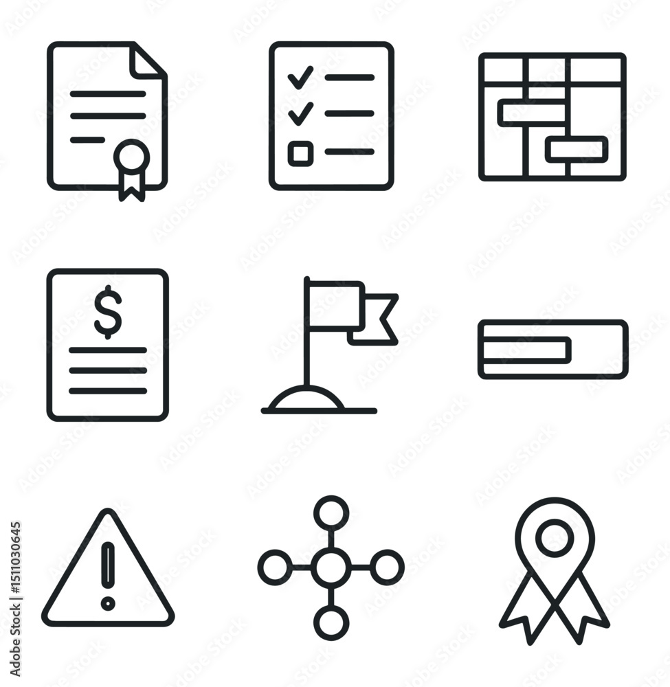 Poster project management icons. outline icon set of project management stages: project charter, task list,