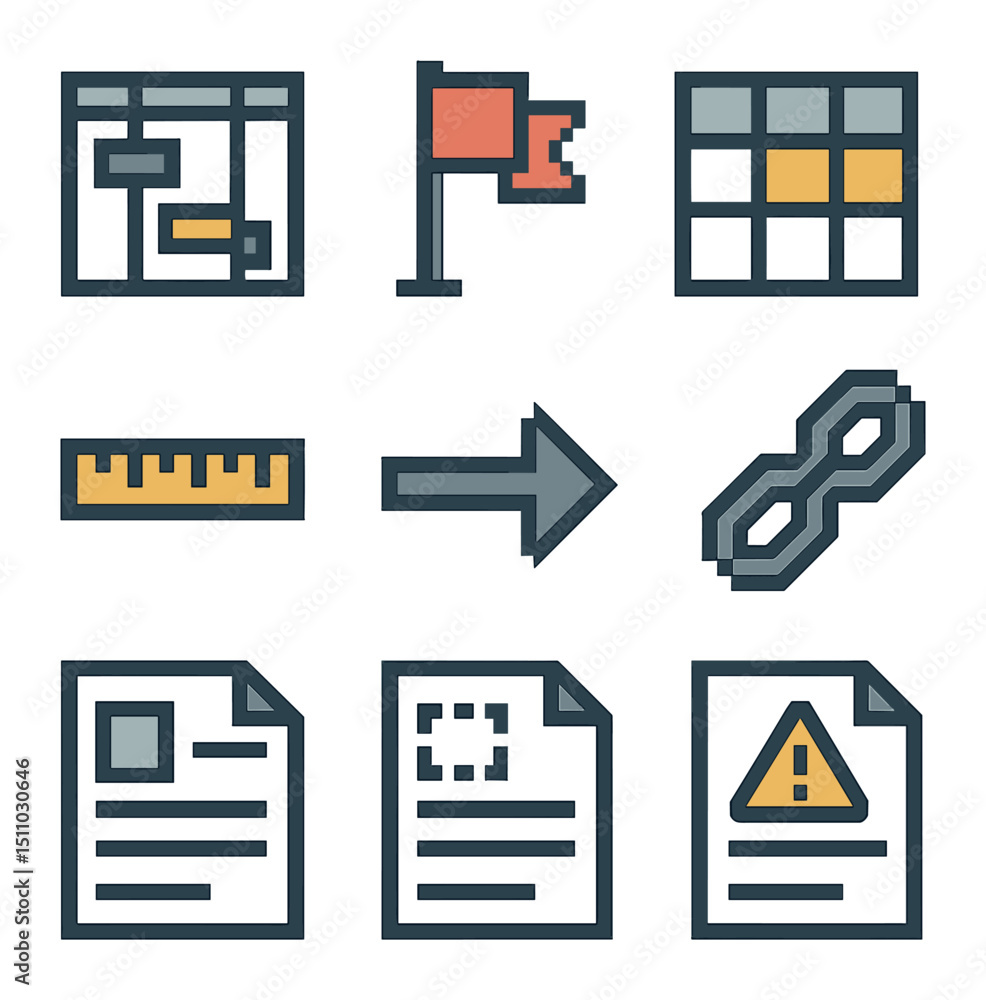 Poster project planning icons. pixel art icon set of project planning software: gantt chart, milestone flag
