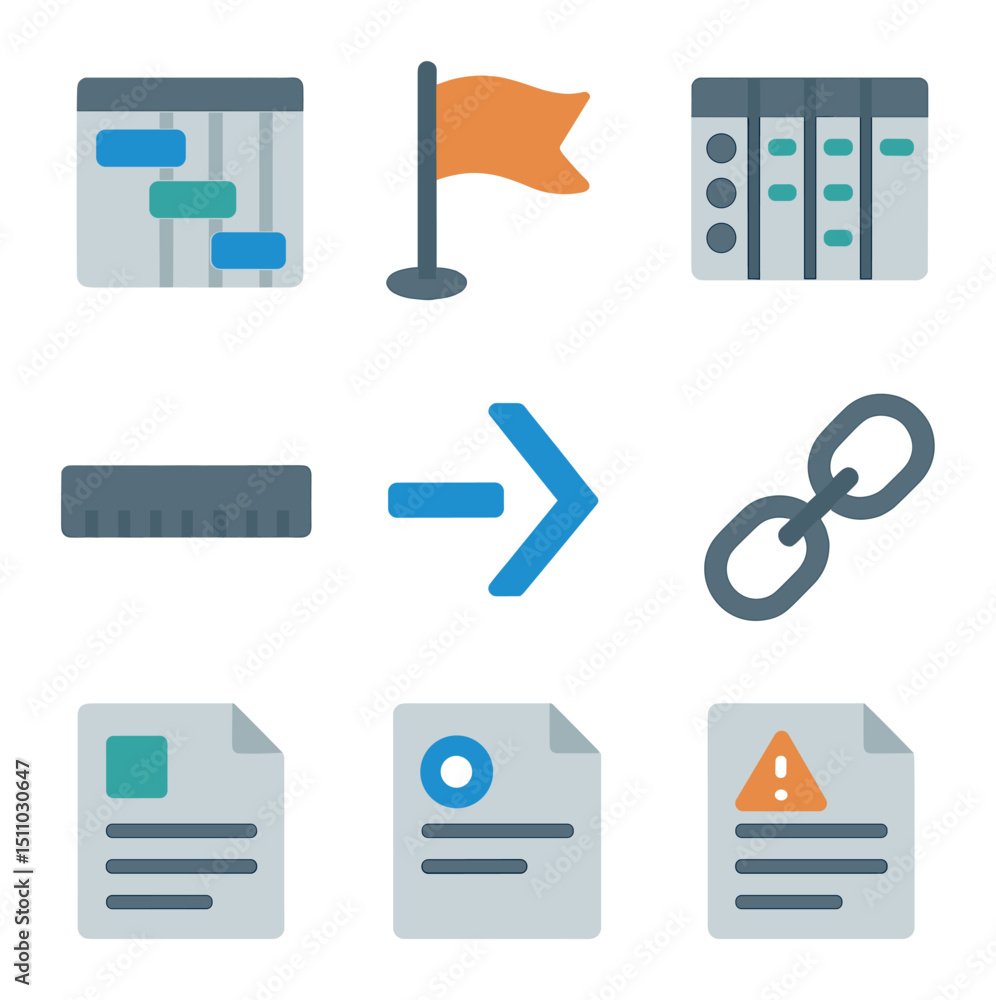 Poster project planning icons. flat icon set of project planning software: gantt chart, milestone flag, res