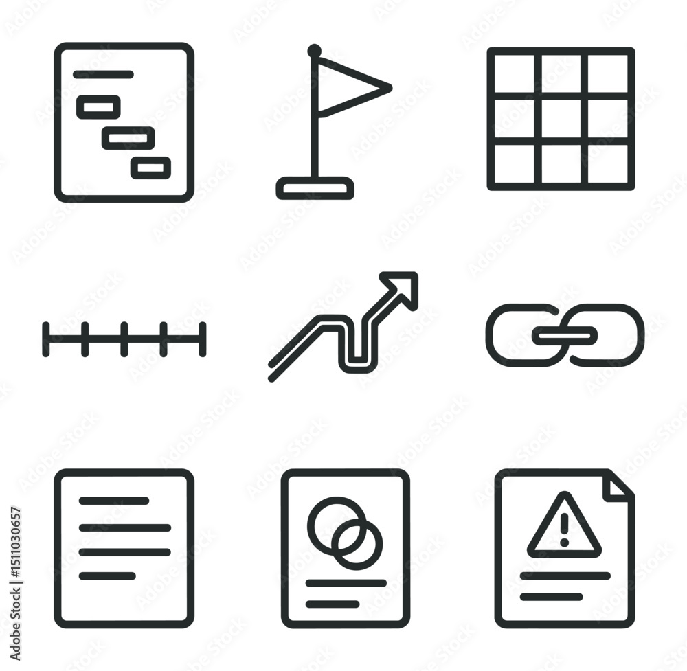 Poster project planning icons. outline icon set of project planning software: gantt chart, milestone flag, 