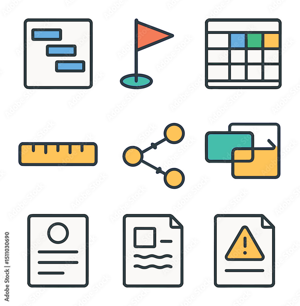 Poster project planning icons. flat icon set of project planning software: gantt chart, milestone flag, res