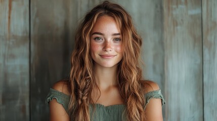 Naklejka premium A natural portrait of a young woman with beautiful freckles, smiling against a rustic wooden backdrop, projecting confidence, warmth, and a connection to nature and authenticity.