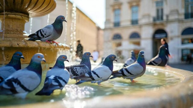 Group of pigeons sitting on edge of city fountain in old European square with people walking in background for urban wildlife, travel photography, street scenes, and historic tourism content