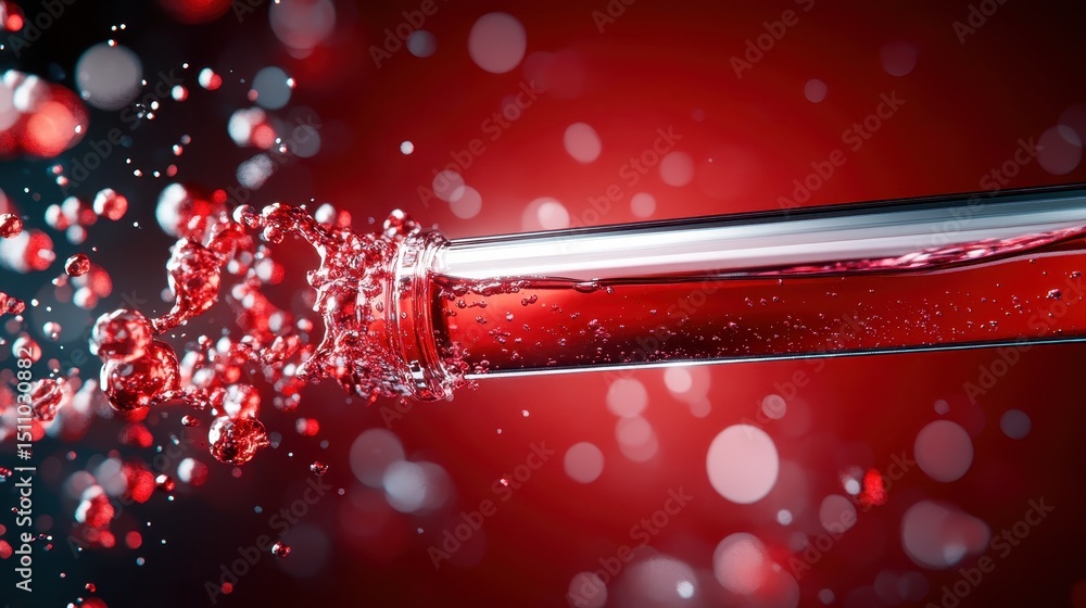 Poster an artistic splash of a vibrant red liquid from a sleek bottle, combining dynamics and color, creati