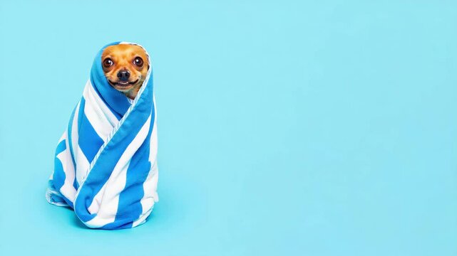 Small dog wrapped in striped beach towel on blue background, post-swim pet care, summer humor, cute animal photo, drying off moment, minimalist composition, poolside vibes