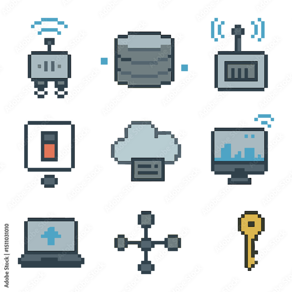 Poster smart city iot icons. pixel art icon set of iot integration in smart cities: sensor node, mqtt broke
