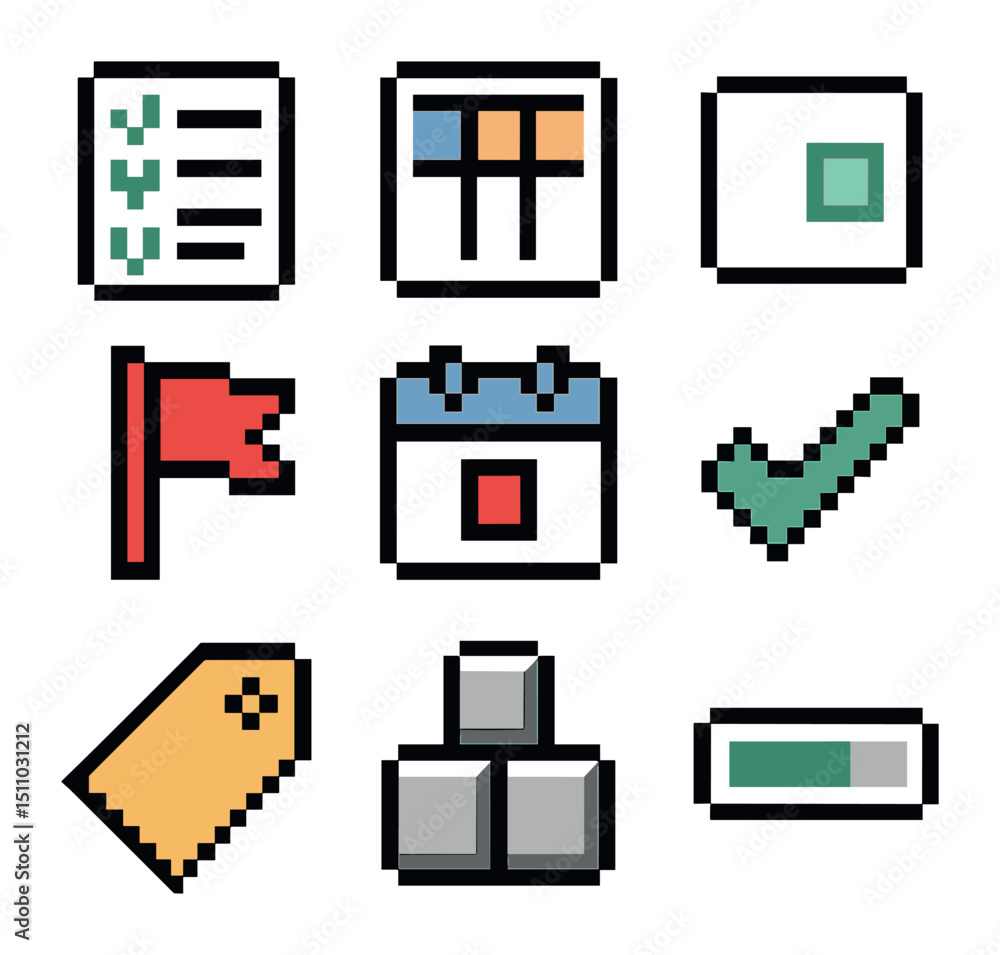 Poster task management icons. pixel art icon set of task management tools: to-do list, kanban board, task c