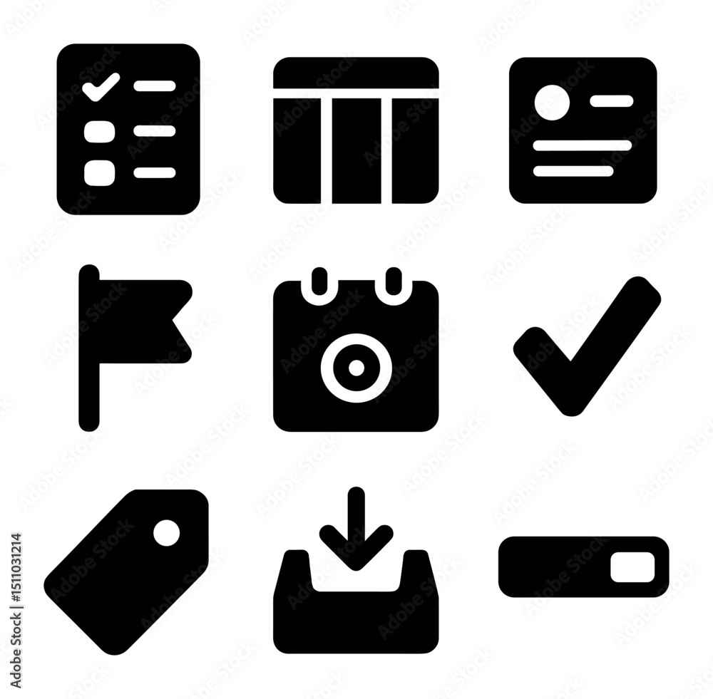 Poster task management icons. solid, filled icon set of task management tools: to-do list, kanban board, ta