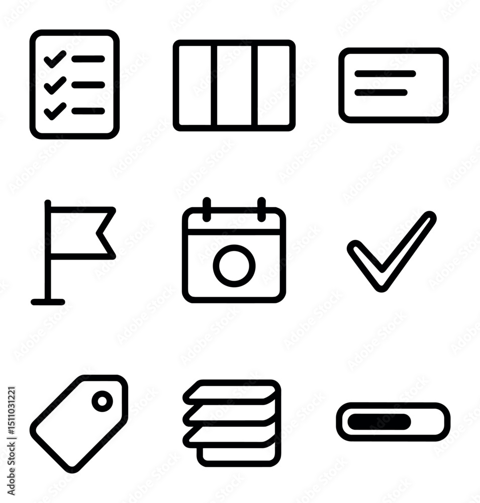 Poster task management icons. outline icon set of task management tools: to-do list, kanban board, task car