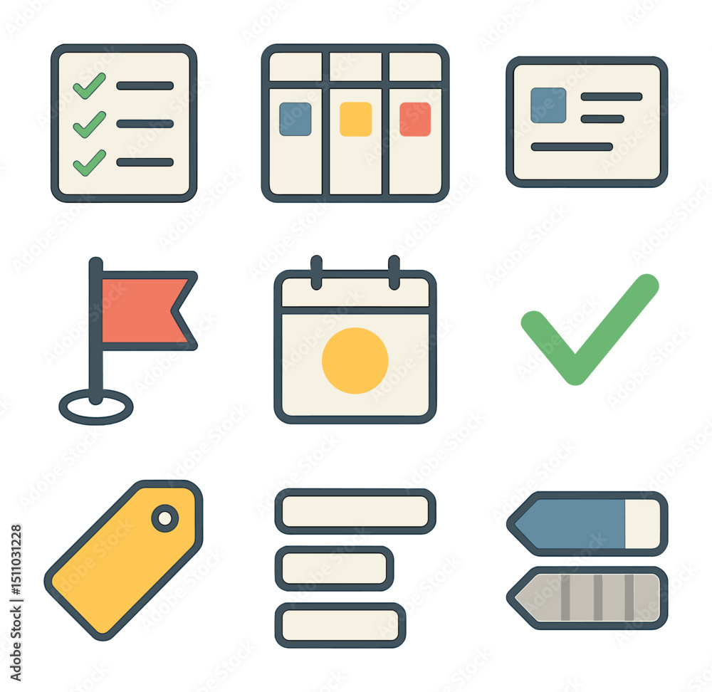 Aufkleber task management icons. flat icon set of task management tools: to-do list, kanban board, task card, 