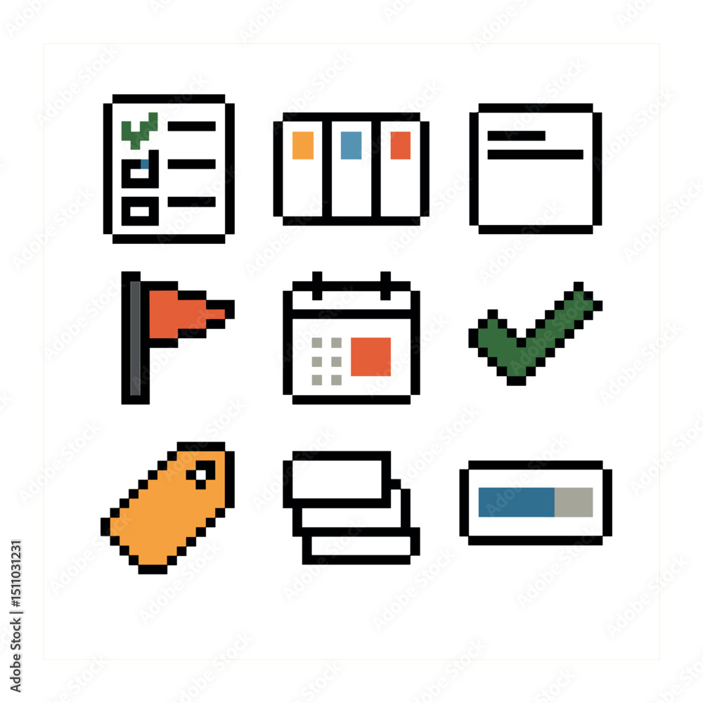 Poster task management icons. pixel art icon set of task management tools: to-do list, kanban board, task c