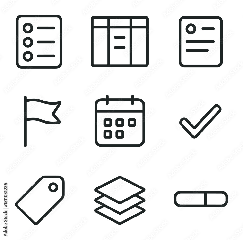 Aufkleber task management icons. outline icon set of task management tools: to-do list, kanban board, task car
