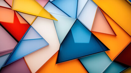 Bright geometric background with layered shapes in primary hues, transparent overlaps