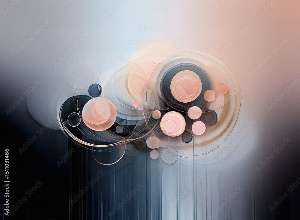 Poster a dynamic abstract composition of translucent circles, fluid lines, and soft shapes layered over a b