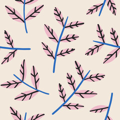 Lovely summer background with abstract branches in flat style. Vector seamless pattern for summer designs, textile, wallpaper. Charming floral background. Minimalist vibrant foliage pattern