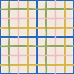 Hand drawn vector seamless pattern with vibrant grid. Cute lovely background with lines for festive design, wallpaper and textile. Colorful geometric abstract pattern. Contemporary backdrop
