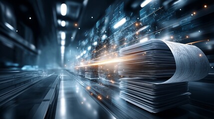 Stack of documents speed through a digital corridor of light, symbolizing data acceleration, smart automation, and futuristic information systems, Generative AI