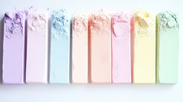 Colorful chalk pastels row rainbow gradient white background. Art supplies creative materials drawing tools. Education school children creativity artistic expression concept