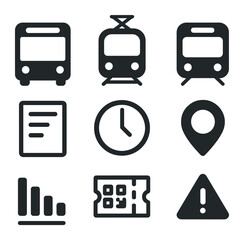 Transport Tracking Icons. Flat icon set of public transport tracking: bus icon, tram icon, metro train, timetable, real-time clock