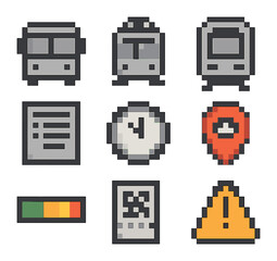 Transport Icon Set. Pixel art icon set of public transport tracking: bus icon, tram icon, metro train, timetable, real-time clock,