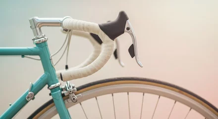 Wanddecoratie Fiets Vintage bicycle handlebars white tape turquoise frame gradient background. Classic cycling equipment transportation vehicle detail. Sports fitness recreation healthy lifestyle concept  © NN AI
