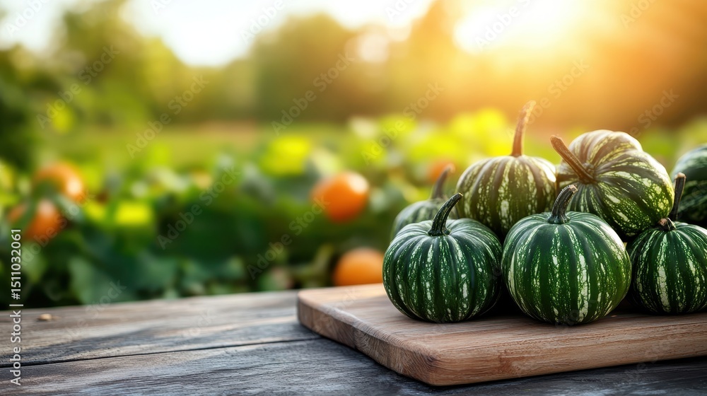 Poster a vibrant array of fresh green pumpkins displayed on a rustic wooden table set against a sunny garde