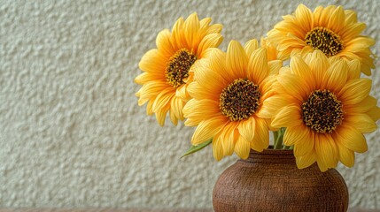 Fototapeta premium A vase of yellow sunflowers on a wooden table against a white wall