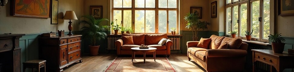 Cozy vintage living room with worn wooden floors, antique furniture, and sunlit windows Warm, inviting atmosphere perfect for relaxation and nostalgia , aged, old