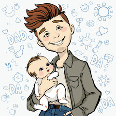 Happy Father's Day. Father and baby vector doodles . 