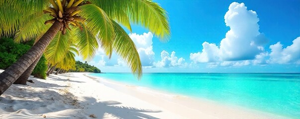 Sun-drenched beach scene with vibrant turquoise water, white sand, and lush palm trees swaying gently in the breeze Perfect for summer vacation, travel, and holiday themes , sea, clouds, horizon
