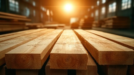 Beautifully arranged wooden planks basking in soft natural light inside a workshop, highlighting craftsmanship and the warmth of traditional materials used in construction and design.
