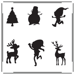 Christmas Silhouettes Vector Set – Black Holiday Icons Featuring Santa Elves, Reindeer, Snowman, and Tree – Festive Clipart for Cards, Crafts, Decorations, and Winter Designs.

