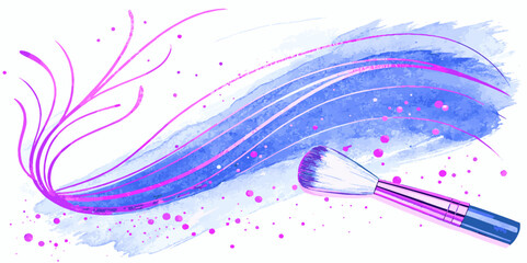 makeup brush with blue and purple watercolor strokes and splatters on a white background design art.