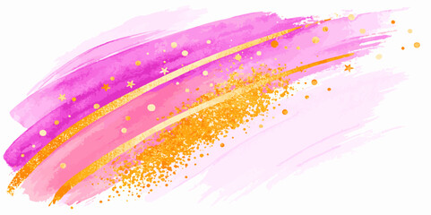 watercolor design featuring pink and purple brush strokes, accented with gold glitter and star elements, set against a clean white backdrop for a vibrant look.
