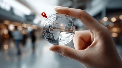 Person holding glass globe with red navigation pin in modern digital travel and location environment, Generative AI