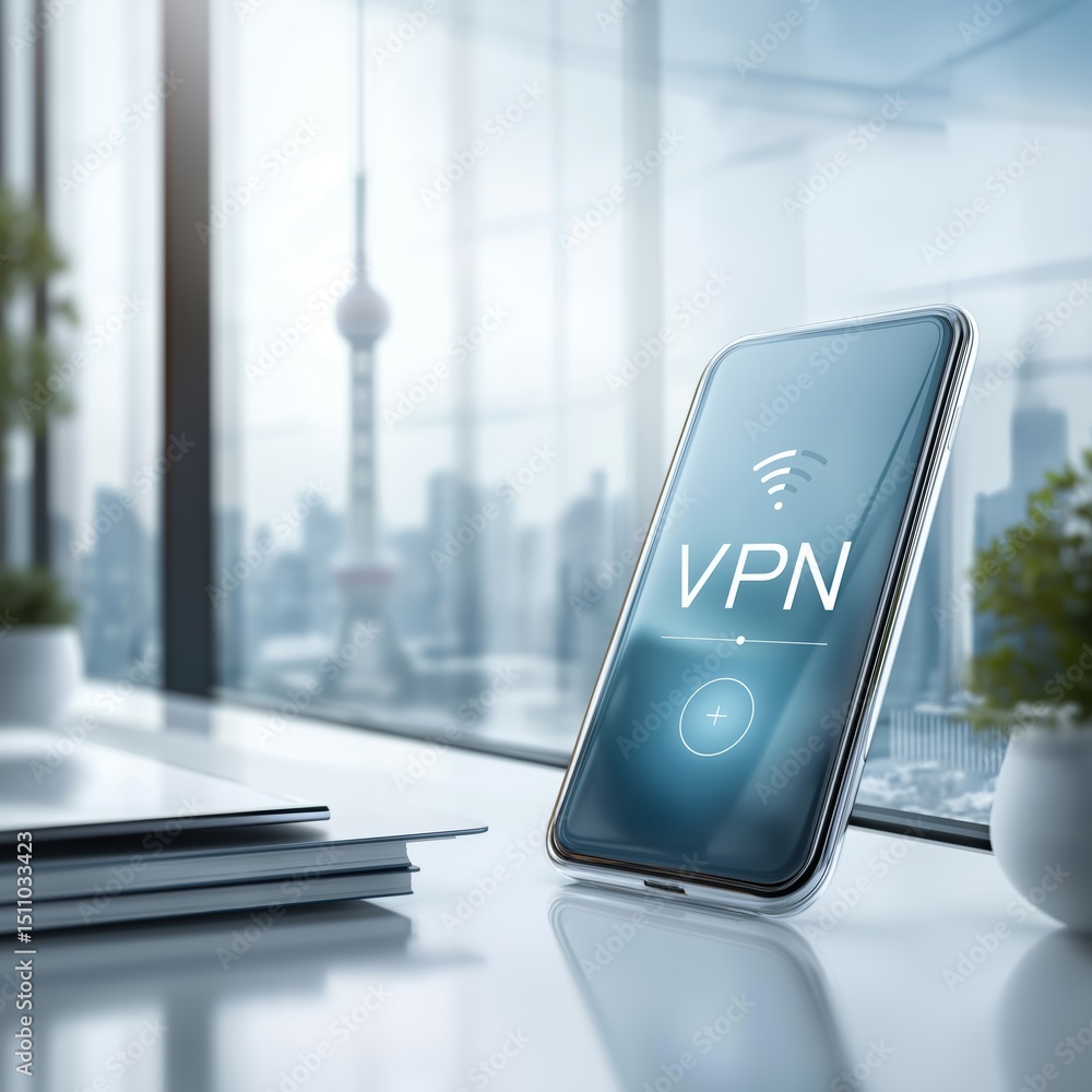 Aufkleber Mobile smartphone with VPN app screen protecting privacy and ensuring secure digital connection, Generative AI