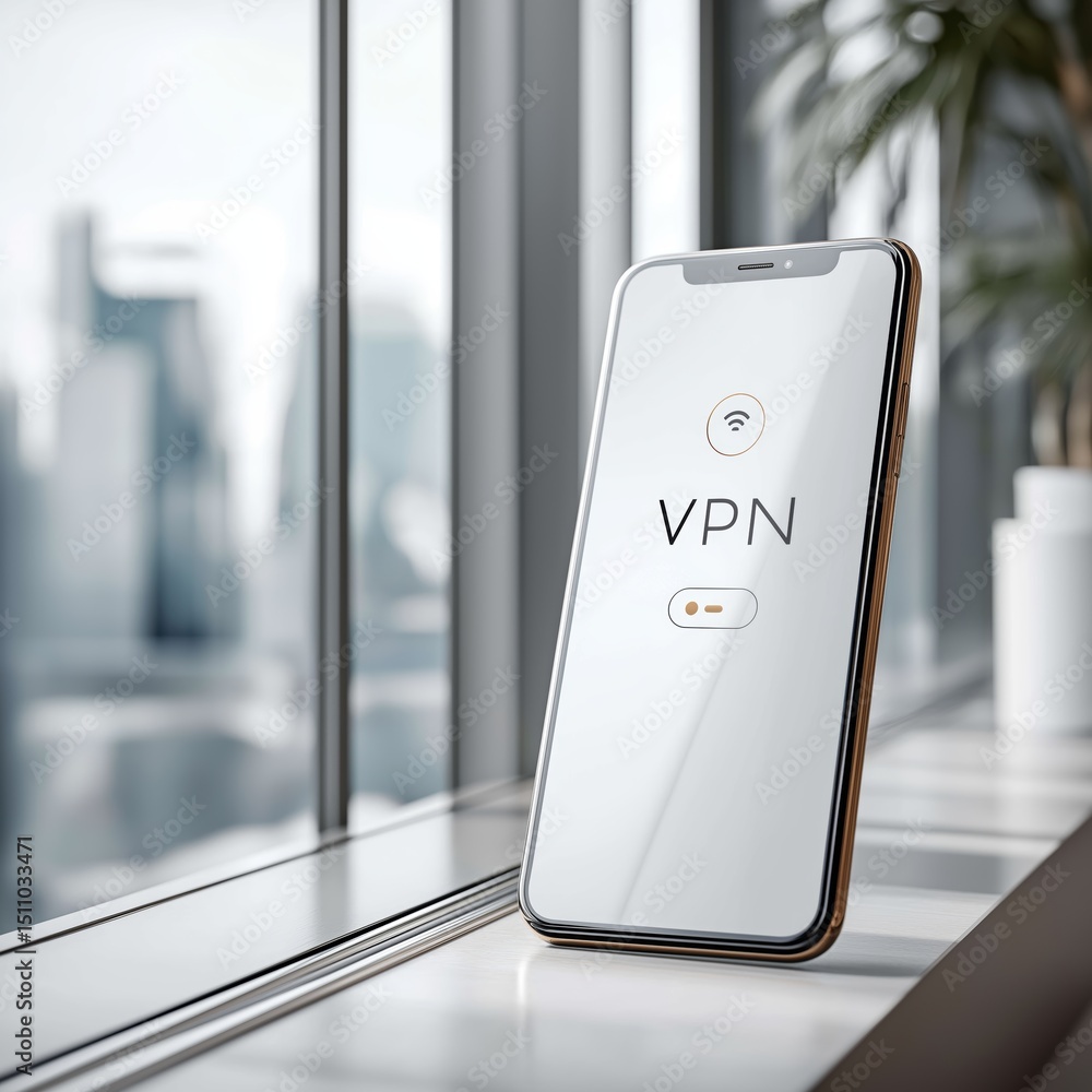 Poster Mobile smartphone with VPN app screen protecting privacy and ensuring secure digital connection, Generative AI