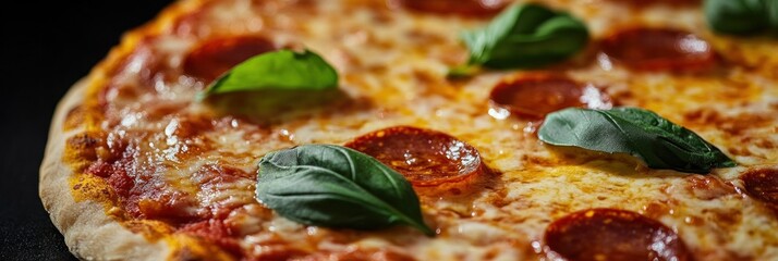 Delicious Pepperoni Pizza with Fresh Basil Leaves Ready to be Served Hot