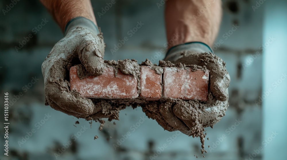 Poster a construction worker visually demonstrates craftsmanship by holding moist bricks covered in mortar,