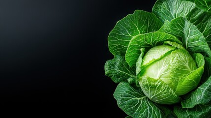 Fototapeta premium A striking image of a fresh green cabbage surrounded by dark tones, highlighting its vibrant color and texture, showcasing the beauty in simple and natural food elements.
