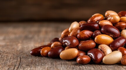 Obraz premium A vibrant array of assorted dried beans rests on a rustic wooden surface, showcasing nature's diversity in colors and shapes, ideal for culinary inspiration and healthy eating.
