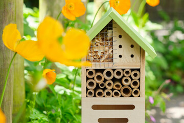 An insect hotel or bee hotel in a summer garden with orange flowers. An insect hotel is a manmade structure created to provide shelter for insects in a variety of shapes and sizes and materials.