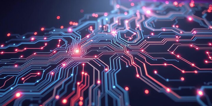 Abstract futuristic circuit board pattern on grey background, glowing nodes and lines ,  board,  lines