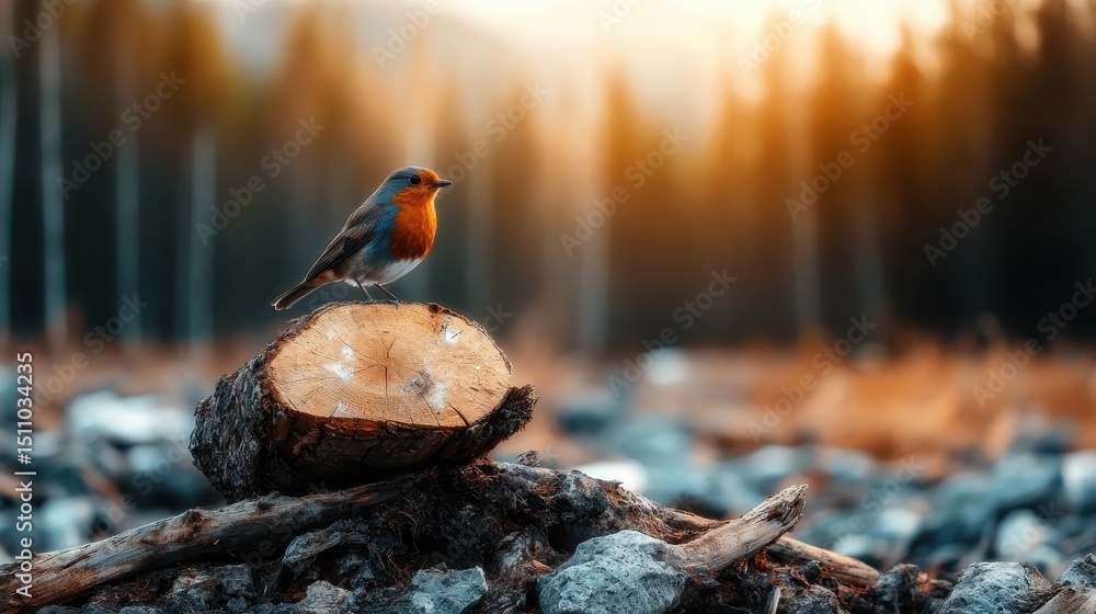 Poster a charming little bird stands atop a freshly cut log, surrounded by a breathtaking natural setting h