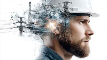 Close-up profile of a serious male engineer with helmet and electricity lines reflecting energy sector challenges, Generative AI