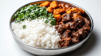 An enticing bowl of rice accompanied by savory curry and fresh herbs creates a feast for the senses, inviting you to relish the rich flavors and aromas of this delicious dish.